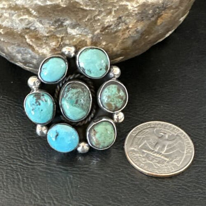Navajo Blue Turquoise Cluster Ring | Authentic Native American Sterling Silver | Multi-Stone | Sz 9 | 17645
