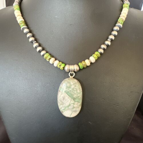 Navajo Green Turquoise Jasper Pendant Necklace | Sterling Silver | Native American Handmade | 16924