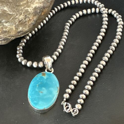 Navajo Blue Kingman Turquoise Pendant Necklace | Sterling Silver | 20" | Authentic Native American Handmade | 16995