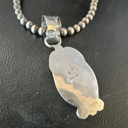 Navajo Blue Turquoise #8 Pendant | Sterling Silver Necklace with Pearls | Authentic Native American Handmade | 15444