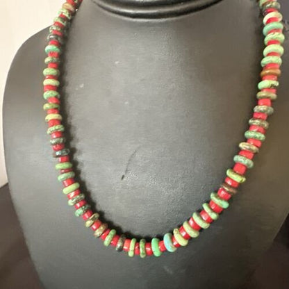 Navajo Green Turquoise and Round Coral Necklace | Sterling Silver | 18" | Authentic Native American Handmade | 17580 - Masha USA