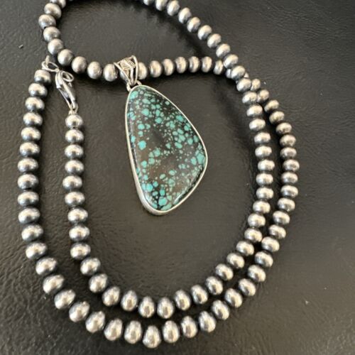 Men's Navajo Blue Spiderweb Turquoise Pendant Necklace | Sterling Silver | Authentic Native American Handmade | 16227