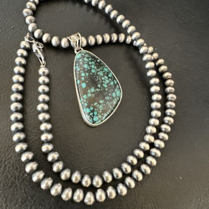 Men's Navajo Blue Spiderweb Turquoise Pendant Necklace | Sterling Silver | Authentic Native American Handmade | 16227