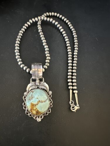 Navajo Blue Golden Hills Turquoise Pendant | Sterling Silver Pearls Necklace | Authentic Native American Handmade | 14994