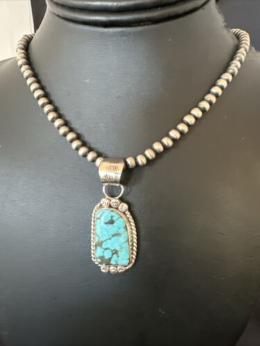 Men's Blue Spiderweb Turquoise Pendant Necklace | Navajo Sterling Silver | Authentic Native American Handmade | 17118