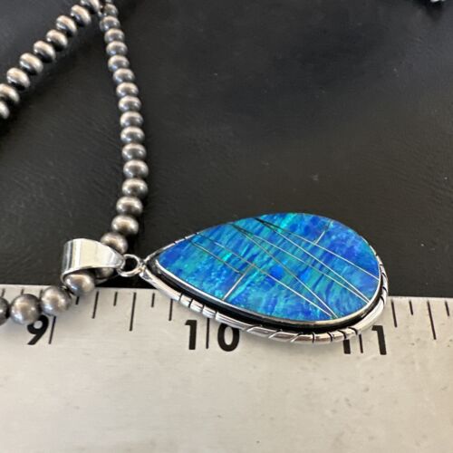 Men's and Women's Blue Fire Opal Inlay Pendant | Navajo Sterling Silver | Authentic Native American Handmade | 16481