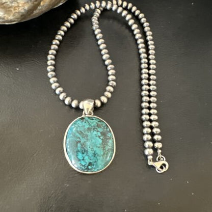 Men's Navajo Blue Spiderweb Turquoise Pendant Necklace | Sterling Silver | Authentic Native American Handmade | 16225