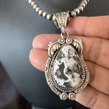 Navajo White Buffalo Turquoise Pendant Necklace | Sterling Silver | Authentic Native American Handmade | 17523