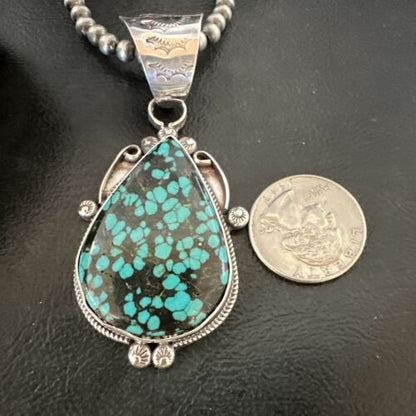 Men's Spiderweb Turquoise Pendant | Navajo Pearls Sterling Silver Necklace | Authentic Native American Handmade | 17067