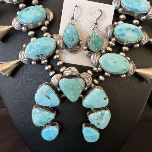 Kingman Turquoise Navajo Squash Blossom Necklace & Earrings | Sterling Silver | Native American Handmade | 16537