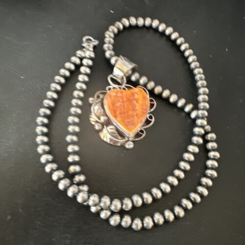 Navajo Orange Spiny Oyster Heart Pendant Necklace | Sterling Silver | Authentic Native American Handmade | 16552
