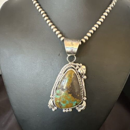 Men's Navajo Green Turquoise Pendant Necklace | Sterling Silver | Authentic Native American Handmade | 17531