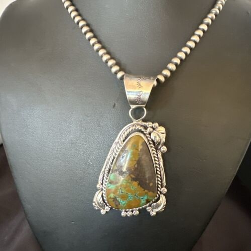 Men's Navajo Green Turquoise Pendant Necklace | Sterling Silver | Authentic Native American Handmade | 17531