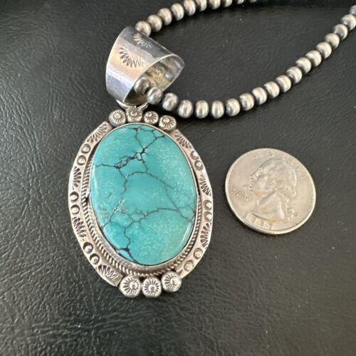 Men's Blue Spiderweb Turquoise Pendant Necklace | Navajo Sterling Silver | Authentic Native American Handmade | 17124