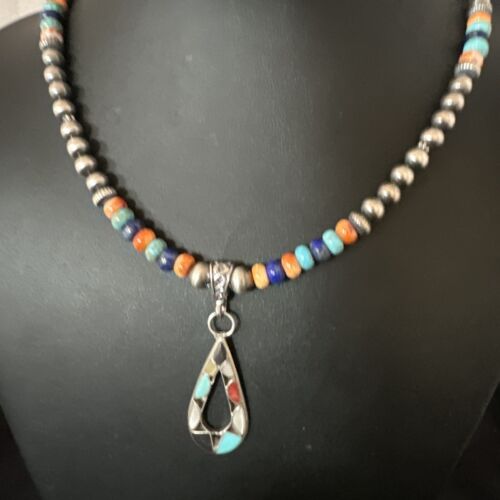 Navajo Spiny Oyster Turquoise Lapis Inlay Pendant Necklace | Sterling Silver | 21" | Authentic Native American Handmade | 16768
