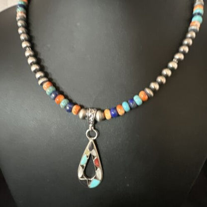 Navajo Spiny Oyster Turquoise Lapis Inlay Pendant Necklace | Sterling Silver | 21" | Authentic Native American Handmade | 16768
