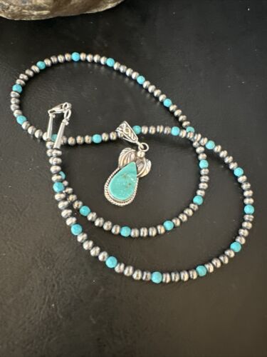 Navajo Pearls Kingman Turquoise Pendant Necklace | Sterling Silver | Authentic Native American Handmade | 14892