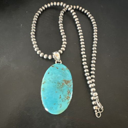 Navajo Blue Kingman Turquoise Pendant Necklace | Sterling Silver | 20" | Authentic Native American Handmade | 16694