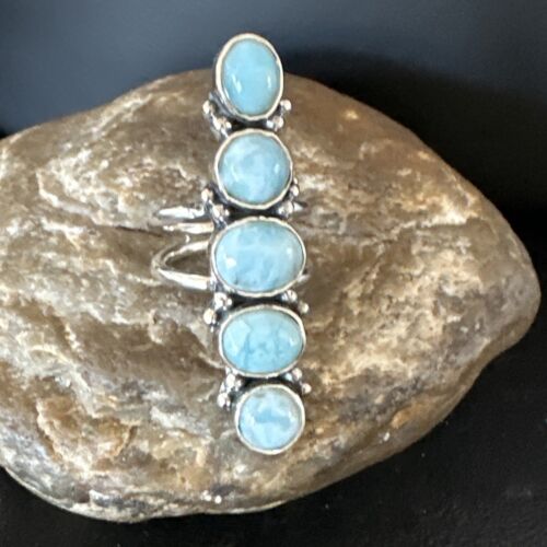 Navajo Blue Larimar Cluster Ring | Authentic Native American Sterling Silver | Multi-Stone | Sz 8 | 15932