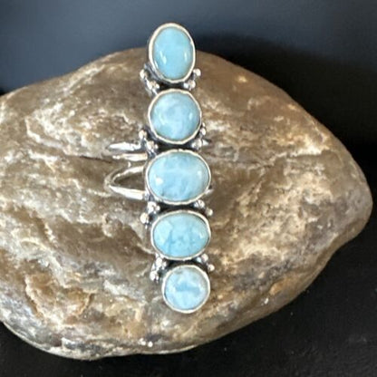 Navajo Blue Larimar Cluster Ring | Authentic Native American Sterling Silver | Multi-Stone | Sz 8 | 15932
