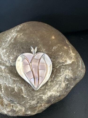 Navajo Pink Mother of Pearl Heart Pendant Necklace | Sterling Silver | Authentic Native American Handmade | 15193