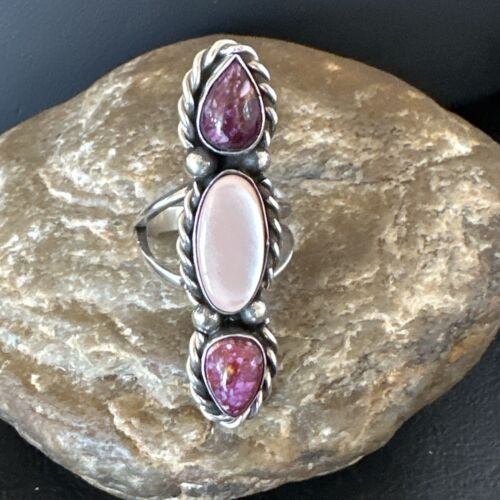 Navajo Purple Spiny Oyster & Mother of Pearl Cluster Ring | Authentic Native American Sterling Silver | Multi-Stone | Sz 7 | 17646