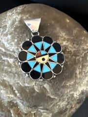 Zuni Sun Face Pendant | Turquoise, Mother of Pearl, Onyx Inlay | Sterling Silver | Native American Handmade | 15180