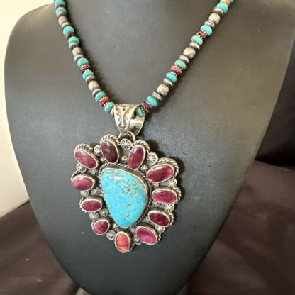 Navajo XL Turquoise Purple Spiny Cluster Pendant Necklace | Sterling Silver | Native American Handmade | 17427