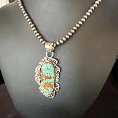 Navajo Blue Turquoise #8 Pendant | Sterling Silver Necklace with Pearls | Authentic Native American Handmade | 15442