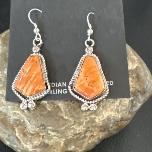 Navajo Orange Spiny Oyster Dangle Earrings | Sterling Silver | Authentic Native American Handmade | 17273