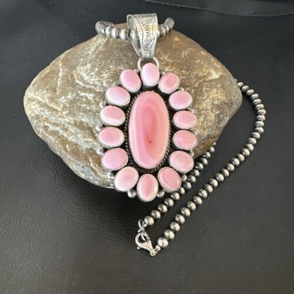 Navajo Pearls Pink Conch Necklace with Multi-Stone Cluster Pendant | Authentic Native American Handmade | 16063