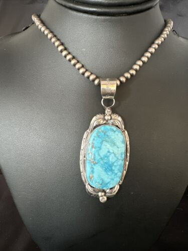 Navajo Blue Kingman Turquoise Pendant Necklace | Sterling Silver | Authentic Native American Handmade | 14861