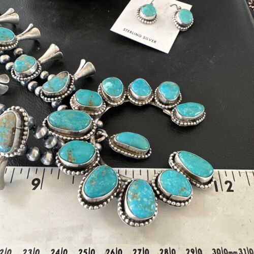 Kingman Turquoise Navajo Squash Blossom Necklace & Earrings | Sterling Silver | Native American Handmade | 16538