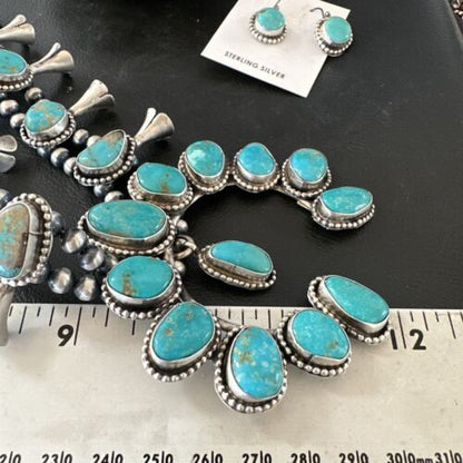 Kingman Turquoise Navajo Squash Blossom Necklace & Earrings | Sterling Silver | Native American Handmade | 16538