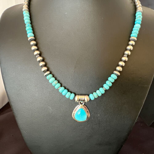 Men's Blue Turquoise Pendant Necklace | Navajo Pearls | Sterling Silver | Authentic Native American Handmade | 16644