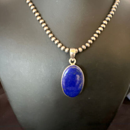 Navajo Blue Lapis Pendant with Pearls | Sterling Silver Necklace | 20" | Authentic Native American Handmade | 16662