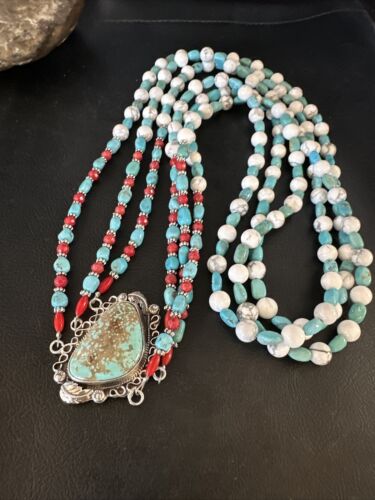 Navajo Blue Turquoise 3-Strand Coral Pendant Necklace | Sterling Silver | Authentic Native American Handmade | 15516