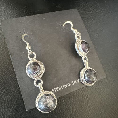 Navajo Purple Sugilite Dangle Earrings | Sterling Silver | 2" | Authentic Native American Handmade | 15695