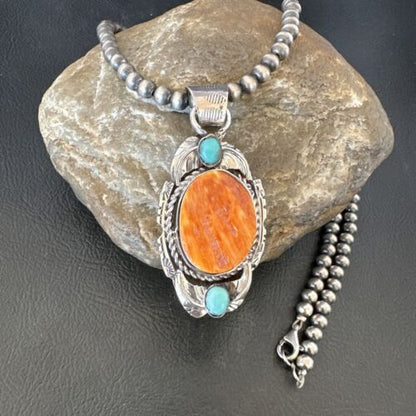 Navajo Spiny Oyster | Blue Turquoise Pendant Necklace | Sterling Silver | Native American Handmade | 16458