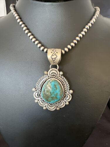Navajo Blue Kingman Turquoise Pendant Necklace | Sterling Silver | 20" | Authentic Native American Handmade | 16352