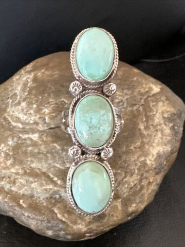 Women Blue Dry Creek Turquoise 3 Stone Navajo Sterling Silver Ring Size 10.5 16729
