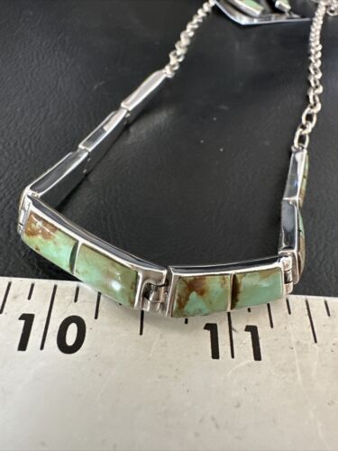 Navajo Choker Necklace with Blue #8 Turquoise Inlay | Sterling Silver Earrings Set | Native American Handmade | 16265