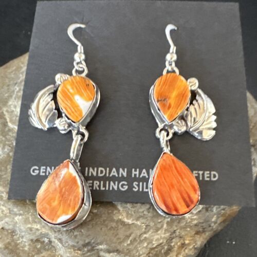 Navajo Orange Spiny Oyster Dangle Earrings | Sterling Silver | 1.5" | Authentic Native American Handmade | 16568