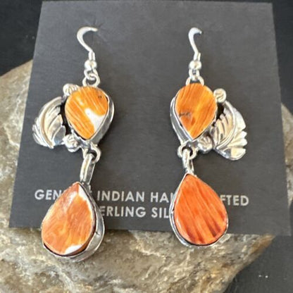 Navajo Orange Spiny Oyster Dangle Earrings | Sterling Silver | 1.5" | Authentic Native American Handmade | 16568