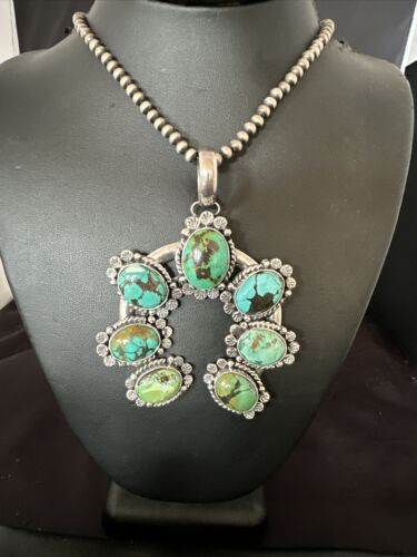 Men's Blue Spiderweb Turquoise Naja Pendant Necklace | Navajo Sterling Silver | 16950
