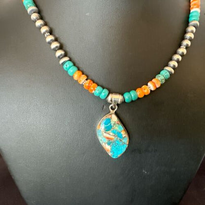 Navajo Spiny Turquoise Pendant Necklace | Sterling Silver | 22" | Authentic Native American Handmade | 17415