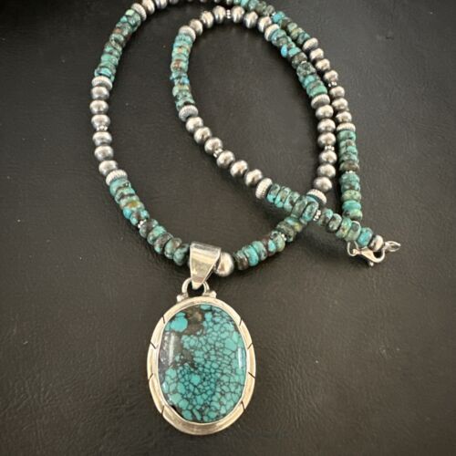 Men's Blue Spiderweb Turquoise Pendant Necklace | Navajo Sterling Silver | Authentic Native American Handmade | 17084