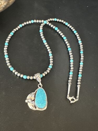 Navajo Pearls Kingman Turquoise Pendant Necklace | Sterling Silver | Authentic Native American Handmade | 14889