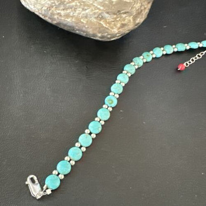 Women's Blue Turquoise Bead Bracelet | Southwestern Sterling Silver Link | 8" | 17498