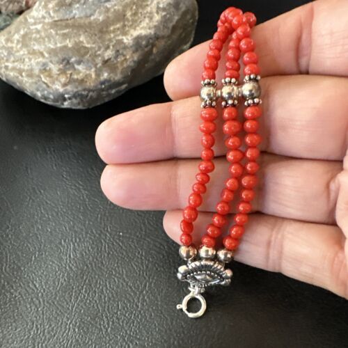 Women's Red Coral 3-Strand Bead Sterling Silver Bracelet 7.5" | Navajo Jewelry | 16468